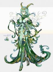 Rule 34 | 1girl, bare shoulders, breasts, creature and personification, creatures (company), detached sleeves, dress, game freak, gen 5 pokemon, gold trim, green dress, green footwear, green hair, green nails, green thighhighs, high heels, highres, holding, holding knife, horns, kantarou (8kan), knife, looking at viewer, medium breasts, medium hair, nintendo, orange eyes, personification, pokemon, serperior, simple background, standing, thighhighs, white background, yellow horns