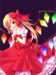 Rule 34 | 1girl, bad id, bad pixiv id, blonde hair, embodiment of scarlet devil, fang, female focus, flandre scarlet, hair ribbon, red eyes, ribbon, side ponytail, solo, touhou, wings, wrist cuffs, y chan6262, yucchan (drizzle star)