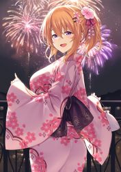 Rule 34 | 1girl, :d, aged up, alternate breast size, ass, bag, breasts, cowboy shot, fireworks, floral print, flower, from behind, gochuumon wa usagi desu ka?, hair between eyes, hair flower, hair ornament, hairclip, highres, holding, holding bag, hoto cocoa, japanese clothes, kimono, ks (xephyrks), large breasts, long sleeves, looking at viewer, looking back, night, night sky, open mouth, orange hair, outdoors, pink flower, pink kimono, pointing, print kimono, railing, short hair, short ponytail, sidelocks, sky, smile, solo, wide sleeves, yukata