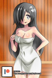 Rule 34 | 1girl, absurdres, artist name, bare shoulders, black eyes, black hair, blush, breasts, cleavage, collarbone, covered navel, cowboy shot, female focus, hair ornament, hand on own hip, hand up, happy, highres, light blush, long hair, lucyfer, medium breasts, naked towel, open mouth, original, patreon logo, patreon username, shiny skin, skull hair ornament, smile, solo, standing, steam, sweat, towel, watermark, web address