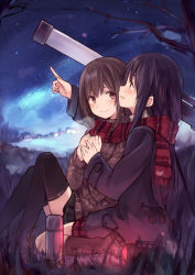 Rule 34 | 2girls, :d, black hair, black legwear, blush, boots, breath, brown hair, coat, highres, holding hands, hug, jacket, kyuri, long hair, multiple girls, night, night sky, open mouth, original, pointing, pointing up, profile, scarf, shared clothes, shared scarf, short hair, sitting, sky, smile, star (sky), starry sky, sweater, telescope, thermos, thighhighs, tree, winter clothes, yuri