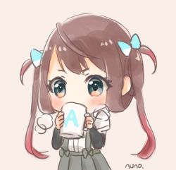 Rule 34 | 10s, artist name, asagumo (kancolle), bad id, bad pixiv id, blush, bow, brown hair, cup, detached sleeves, drinking, gradient hair, grey eyes, hair bow, hair rings, kantai collection, multicolored hair, nuno (pppompon), shirt, short sleeves, simple background, skirt, solo, steam, suspender skirt, suspenders, white shirt