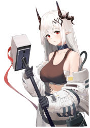 Rule 34 | 1girl, absurdres, arknights, bandages, bare shoulders, black gloves, collar, collarbone, cowboy shot, crop top, ear piercing, elite ii (arknights), gloves, hammer, highres, holding, holding hammer, horns, infection monitor (arknights), jacket, long hair, long sleeves, looking at viewer, material growth, mudrock (arknights), mudrock (elite ii) (arknights), off shoulder, open clothes, open jacket, oripathy lesion (arknights), parted lips, piercing, pointy ears, sarashi, solo, twitter username, uh9, white background