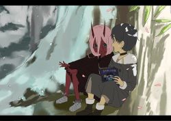 Rule 34 | 10s, 1boy, 1girl, bad id, bad twitter id, bandages, black hair, book, coat, colored sclera, colored skin, couple, darling in the franxx, food, fruit, green eyes, grey coat, hiro (darling in the franxx), holding, holding book, horns, letterboxed, long hair, looking at another, oni horns, parka, pink hair, rakuku, red sclera, red skin, short hair, sitting, spoilers, tree, winter clothes, winter coat, zero two (darling in the franxx)