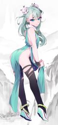 Rule 34 | + +, 1girl, :&gt;, absurdres, anklet, aqua hair, ass, bare arms, bare shoulders, black thighhighs, blue eyes, blush stickers, bun cover, closed mouth, clothes writing, eyeshadow, from side, full body, highres, holding, jewelry, kamameshi gougoumaru, leaning forward, long hair, looking at viewer, looking to the side, makeup, midair, mountain, naked tabard, no panties, original, outdoors, pelvic curtain, shoes, side slit, sideless outfit, sleeveless, solo, tabard, thick eyebrows, thighhighs, tsurime, white footwear, wristband