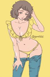 Rule 34 | 1girl, bikini, breasts, goro5626, kawakami sadayo, one-piece swimsuit, persona, persona 5, simple background, solo, swimsuit, yellow one-piece swimsuit