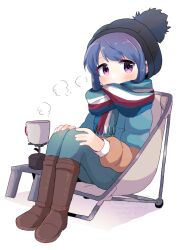 Rule 34 | 1girl, black hat, blue hair, blush, boots, brown footwear, green pants, hat, long hair, long sleeves, looking at viewer, multicolored clothes, multicolored scarf, nakajima lupus, pants, purple eyes, scarf, shima rin, simple background, sitting, solo, white background, yurucamp
