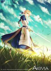 Rule 34 | 1girl, absurdres, ahoge, aiovia, armor, armored dress, artist name, artoria pendragon (fate), blonde hair, braid, dress, fate/stay night, fate (series), faulds, glowing, glowing sword, glowing weapon, green eyes, highres, saber (fate), solo, watermark, weapon, web address