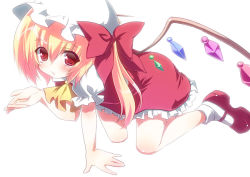 Rule 34 | 1girl, all fours, amanagi seiji, ascot, bad id, bad pixiv id, blonde hair, bloom, embodiment of scarlet devil, female focus, flandre scarlet, hat, looking at viewer, mary janes, red eyes, shoes, short hair, side ponytail, simple background, solo, subaru (insmode), touhou, white background, wings