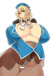 Rule 34 | 10s, arms up, atago (kancolle), bar censor, beret, black gloves, blonde hair, blue headwear, blue jacket, blush, breasts, breasts apart, censored, cleavage, crotch seam, from below, gigantic breasts, gloves, gluteal fold, green eyes, hat, highres, huge breasts, jacket, kantai collection, long hair, looking at viewer, maternity pantyhose, navel, no bra, no panties, open clothes, open jacket, pantyhose, partially unbuttoned, pregnant, pussy, renges, sidelocks, simple background, smile, unbuttoned, white background, white neckwear, wide hips