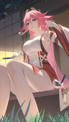 Rule 34 | 1girl, absurdres, bare legs, bare shoulders, bird, breasts, commentary request, detached sleeves, feet out of frame, genshin impact, grass, highres, large breasts, long hair, long sleeves, mc-sm, miniskirt, pink hair, purple eyes, red skirt, shirt, sitting, skirt, sleeveless, sleeveless shirt, solo, thighs, very long hair, white shirt, yae miko
