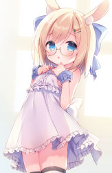 Rule 34 | 1girl, :o, animal ear fluff, animal ears, bare shoulders, blonde hair, blue bow, blush, bow, breasts, brown-framed eyewear, carrot hair ornament, center frills, commentary request, commission, dress, food-themed hair ornament, frilled dress, frills, glasses, hair between eyes, hair bow, hair ornament, hairclip, hands up, highres, looking at viewer, original, parted lips, pixiv commission, rabbit ears, semi-rimless eyewear, sleeveless, sleeveless dress, small breasts, solo, striped clothes, striped thighhighs, thighhighs, under-rim eyewear, usashiro mani, white dress