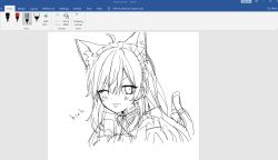 Rule 34 | 1girl, :p, absurdres, ahoge, animal ear fluff, animal ears, art program in frame, cat ears, cat tail, english text, frilled hairband, frills, hairband, highres, indie virtual youtuber, microsoft office, microsoft word, microsoft word (medium), mikeneko (vtuber), mikeneko (vtuber) (1st costume), monitor, one eye closed, ookami ciro, ribbon, sidelocks, sketch, tail, tongue, tongue out, virtual youtuber