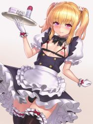 Rule 34 | 1boy, artificial vagina, black panties, black thighhighs, blonde hair, blush, bottle, bow, bra, breastless clothes, bulge, condom box, crossdressing, cupless bra, frilled thighhighs, frills, gloves, gradient background, hair ornament, holding, lotion bottle, maid, male focus, nippleless clothes, nipples, no bra, open clothes, open shirt, original, panties, pink eyes, sex toy, shirt, sidelocks, skirt, solo, thighhighs, trap, tray, twintails, underwear, white gloves, yapo (croquis side), zettai ryouiki