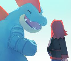 Rule 34 | 1boy, arm at side, black jacket, closed eyes, commentary request, creatures (company), feraligatr, from behind, game freak, gen 2 pokemon, hand on own hip, jacket, long hair, long sleeves, male focus, nintendo, open mouth, pants, pokemon, pokemon (creature), pokemon gsc, red hair, shibano 1103, silver (pokemon), tongue, white background