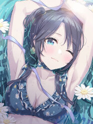 Rule 34 | 1girl, absurdres, armpits, arms up, bikini, black hair, blue bikini, blue choker, blue eyes, blush, breasts, choker, cleavage, closed mouth, collarbone, floral print, flower, frilled bikini, frills, from above, highres, idolmaster, idolmaster shiny colors, long hair, looking at viewer, lying, lying on water, medium breasts, mitsumine yuika, momomoi momoi, official alternate costume, official alternate hairstyle, on back, one eye closed, smile, solo, swimsuit, twintails, water, wet