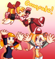 Rule 34 | 3girls, ^ ^, android, blonde hair, blue eyes, blush stickers, call (mighty no. 9), call e, call f, call h, cheering, closed eyes, congratulations, detached sleeves, garrison cap, hat, headphones, mighty no. 9, multicolored hair, multiple girls, pantyhose, pontata, ponytail, side ponytail, striped, striped sleeves, twintails, two-tone hair, uniform, white hair