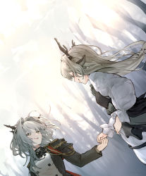 Rule 34 | 2girls, alina (arknights), animal ears, arknights, blush, closed eyes, clothing request, commentary request, highres, holding hands, horns, io (io oekaki), jacket, light brown hair, long hair, long sleeves, looking at another, multiple girls, open mouth, outdoors, shirt, silver hair, smile, talulah (arknights), talulah the fighter (arknights), upper body, white shirt, yellow eyes
