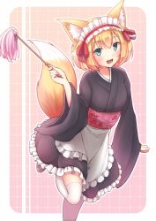 Rule 34 | 1girl, animal ears, apron, blonde hair, blue eyes, blush, fal (fal-se-0), fox ears, fox tail, frilled apron, frills, highres, japanese clothes, long sleeves, looking at viewer, maid, maid apron, maid headdress, moe2015, open mouth, original, sash, shoes, short hair, smile, solo, standing, standing on one leg, tail, thighhighs, wa maid, white thighhighs, wide sleeves, zettai ryouiki