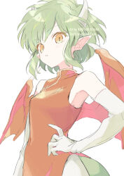 Rule 34 | 1girl, china dress, chinese clothes, commentary request, draco centauros, dragon girl, dragon horns, dragon tail, dragon wings, dress, elbow gloves, fang, gloves, green hair, hand on own hip, highres, horns, kinutani yutaka, looking at viewer, pointy ears, puyopuyo, red dress, red wings, short hair, sidelocks, simple background, slit pupils, tail, upper body, white background, white horns, wings, yellow eyes