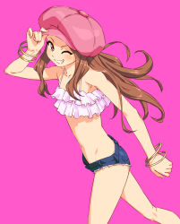 Rule 34 | 10s, 1girl, blush, bracelet, brown eyes, brown hair, cabbie hat, chyko, flat chest, grin, hand on headwear, hat, idolmaster, idolmaster (classic), idolmaster 2, jewelry, long hair, midriff, minase iori, navel, one eye closed, pink background, short shorts, shorts, simple background, smile, solo, wink