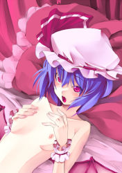 Rule 34 | 1girl, bad id, bad pixiv id, bat wings, blue hair, covering privates, fang, female focus, flat chest, hat, kurokuro, nipples, nude, nude cover, red eyes, remilia scarlet, short hair, sketch, solo, touhou, wings