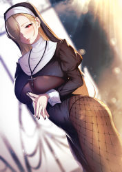Rule 34 | 1girl, black dress, black nails, blonde hair, blueorca, blush, breasts, bright pupils, brown pantyhose, closed mouth, dress, dutch angle, habit, hair over one eye, highres, juliet sleeves, large breasts, light blush, long hair, long sleeves, looking at viewer, mole, mole under mouth, nail polish, nun, original, own hands together, pantyhose, pelvic curtain, pleated skirt, puffy sleeves, red eyes, rosary, skirt, solo, thighs, very long hair