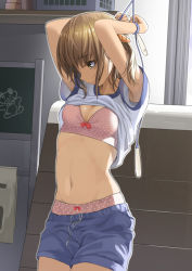 Rule 34 | 1girl, armpit peek, arms up, bad id, bad pixiv id, bdsm, blue shorts, bondage, bound, bound wrists, bow, bow bra, bow panties, bra, breasts, brown hair, carrot hair ornament, chalkboard, cleavage, clothes lift, cowboy shot, eyebrows, food-themed hair ornament, gym, gym shorts, gym storeroom, gym uniform, hair ornament, indoors, jump rope, midriff, navel, original, outline, panties, polka dot, polka dot bra, polka dot panties, red bow, shirt lift, short sleeves, shorts, small breasts, solo, underwear, vaulting horse, white outline, yoropa