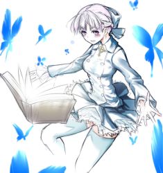 Rule 34 | 1girl, alice elliot, book, bow, breasts, bug, butterfly, buttons, dress, hair bow, insect, looking at viewer, mitsukuni, open mouth, shadow hearts, short hair, silver hair, skirt, solo, thighhighs, white thighhighs