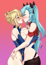 Rule 34 | 2girls, a raku, absurdres, after kiss, akeno(itsnafulol), artoria pendragon (fate), artoria pendragon (lancer) (fate), ass, blonde hair, blue hair, blue leotard, blush, braid, breast press, breasts, crown, fate/grand order, fate (series), french braid, french kiss, green eyes, hair between eyes, hair over one eye, highres, kiss, large breasts, leotard, looking at another, multiple girls, nipples, pink eyes, saliva, saliva trail, thick thighs, thighhighs, thighs, twintails, yuri