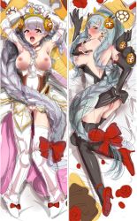 Rule 34 | 1girl, 2girls, ass, bad id, bad pixiv id, bare shoulders, blush, braid, breasts, chunyan, cleft of venus, dakimakura (medium), dual persona, earrings, elbow gloves, gloves, hair ornament, highres, jewelry, large breasts, light valkyrie (p&amp;d), long hair, lying, multiple girls, multiple views, nipples, on back, on side, open mouth, pussy, puzzle &amp; dragons, red eyes, silver hair, sketch, thighhighs, uncensored, valkyrie, valkyrie (p&amp;d), very long hair, wings