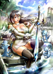 Rule 34 | 1girl, arrow (projectile), bare shoulders, belt, black thighhighs, boots, bow, bracelet, breasts, brown eyes, brown hair, cleavage, dragon, elbow gloves, fantasy, female focus, gloves, hairband, highres, huge breasts, jewelry, jun hachi, legs, long hair, necklace, original, sitting, solo, sword, thighhighs, thighs, water, weapon