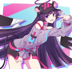 Rule 34 | 1girl, :d, animal ears, bare shoulders, baseball cap, black hat, black skirt, collarbone, e20, ear piercing, ears through headwear, grey shirt, halo, hand up, hat, highres, leaning forward, lock, long hair, long sleeves, looking at viewer, mouse ears, mouse girl, mouse tail, off shoulder, open mouth, outside border, padlock, piercing, puffy long sleeves, puffy sleeves, purple eyes, purple hair, shimmakk (show by rock!!), shirt, show by rock!!, skirt, sleeves past wrists, smile, solo, tail, very long hair