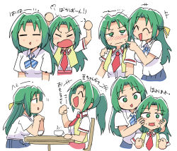 Rule 34 | 2girls, ^ ^, angry, blue skirt, blush, breasts, closed eyes, cup, closed eyes, frustrated, green eyes, green hair, hand on another&#039;s cheek, hand on another&#039;s face, hand on shoulder, hands up, higurashi no naku koro ni, long hair, multiple girls, open mouth, own hands together, red neckwear, ribbon, shirt, short sleeves, shouting, siblings, sigh, sisters, skirt, small breasts, sonozaki mion, sonozaki shion, table, teacup, tsubobot, twins, white shirt, white sleeves, yellow ribbon