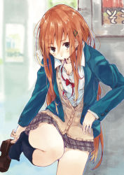Rule 34 | 1girl, blazer, blue eyes, dressing, hair ornament, hairclip, hrd, jacket, loafers, long hair, mouth hold, orange hair, original, plaid, plaid skirt, putting on shoes, ribbon, school uniform, shoes, skirt, solo, standing, standing on one leg