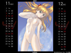 Rule 34 | 1girl, 2001, blush, breasts, calendar (medium), female focus, gainax, neon genesis evangelion, nipples, nude, official art, souryuu asuka langley, topless, utatane hiroyuki