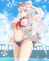 Rule 34 | 1girl, absurdres, animal ears, arknights, arm up, bear ears, blue eyes, blue nails, blue sky, blush, breasts, cloud, commentary request, cowboy shot, crop top, day, eyewear on head, groin, heterochromia, highres, kaminarichyan, large breasts, long hair, long sleeves, midriff, nail polish, navel, open clothes, open shirt, outdoors, red eyes, red neckwear, rosa (arknights), shirt, silver hair, sky, solo, standing, stomach, sunglasses, thighs, very long hair, wading, water, water drop, white shirt
