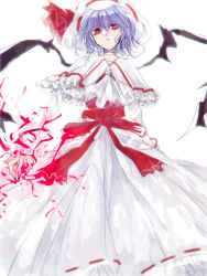 Rule 34 | 1girl, arms at sides, asymmetrical wings, capelet, curiosities of lotus asia, dress, energy, expressionless, hat, light purple hair, long dress, long sleeves, looking at viewer, red eyes, remilia scarlet, short hair, sketch, solo, standing, tian (my dear), touhou, wings