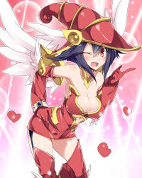 Rule 34 | 1girl, :d, ;d, apple magician girl, arched back, bare shoulders, blue hair, boots, breasts, cleavage, collarbone, detached collar, dress, duel monster, elbow gloves, garter straps, gloves, hair between eyes, hand on own hip, hat, heart, highres, leaning forward, looking at viewer, mtu (orewamuzituda), one eye closed, open mouth, pencil skirt, red eyes, red footwear, short dress, skirt, sleeveless, smile, solo, thigh boots, thighhighs, wings, witch hat, yu-gi-oh!