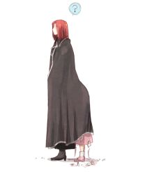 Rule 34 | 1boy, 1girl, ?, age difference, black footwear, black robe, boots, card, cassock, commentary request, dress, floating card, from side, full body, habit, height difference, kimura shiki, medium hair, no eyes, petite, pink dress, pink footwear, priest, red hair, robe, shadow, simple background, size difference, speech bubble, standing, stiyl magnus, tall, tall male, toaru majutsu no index, tsukuyomi komoe, white background