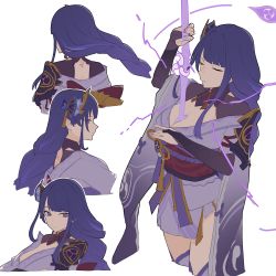 Rule 34 | 1girl, absurdres, blunt bangs, braid, closed eyes, cowboy shot, cropped legs, cropped torso, from behind, genshin impact, highres, holding, holding sword, holding weapon, long hair, multiple views, nium 404, purple eyes, purple hair, raiden shogun, sword, sword between breasts, upper body, weapon