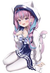 Rule 34 | 1girl, :d, ahoge, anchor hair ornament, anchor symbol, blue bow, blue hair, blue hairband, blue ribbon, blue skirt, blush, bow, braid, breasts, cat tail, choker, cleavage, collarbone, colored inner hair, fang, hair ornament, hairband, hand on own chest, high-waist skirt, highres, hololive, hood, hood up, hooded jacket, jacket, koba (kobako42), large breasts, long hair, long sleeves, looking at viewer, minato aqua, minato aqua (sailor), multicolored hair, open clothes, open jacket, open mouth, pantyhose, pink hair, pleated skirt, purple eyes, ribbon, ribbon choker, sidelocks, sitting, skin fang, skirt, smile, solo, streaked hair, tail, tail ornament, tail ribbon, twin braids, two-tone hair, virtual youtuber, white background, white jacket, white pantyhose, yokozuwari