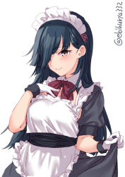 Rule 34 | 1girl, alternate costume, apron, black dress, black hair, bow, bowtie, brown eyes, clothes lift, dress, dress lift, ebifurya, enmaided, gloves, hair over one eye, hayashimo (kancolle), highres, kantai collection, lifted by self, long hair, maid, maid apron, maid headdress, red bow, red bowtie, short sleeves, simple background, smile, solo, twitter username, upper body, white apron, white background, white gloves
