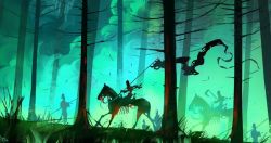 Rule 34 | 5others, axe, bone, commentary, dominik mayer, english commentary, fantasy, forest, from side, green theme, holding, holding axe, horse, multiple others, nature, original, outdoors, silhouette, smoke, tree, undead, warrior