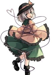Rule 34 | 1girl, :d, dress, eyeball, frilled dress, frilled skirt, frilled sleeves, frills, from behind, full body, green eyes, hat, hat ribbon, heart, heart of string, janne cherry, komeiji koishi, long sleeves, looking at viewer, looking back, one-hour drawing challenge, open mouth, ribbon, short hair, silver hair, skirt, smile, smug, solo, third eye, touhou, white background, wide sleeves