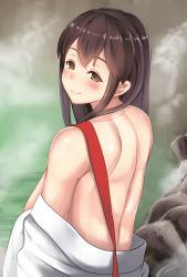 Rule 34 | 10s, 1girl, akagi (kancolle), back, blush, brown eyes, brown hair, clothes down, commentary request, from behind, hakama, hakama skirt, japanese clothes, kantai collection, long hair, looking at viewer, looking back, onsen, outdoors, skirt, smile, solo, steam, straight hair, undressing, untue, upper body