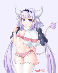 Rule 34 | 10s, 1girl, aged up, artist name, beads, blue eyes, blunt bangs, bra, breasts, capelet, chocolate, dragon girl, frilled panties, frills, fur trim, hair beads, hair ornament, hairband, han mao ji moki, horns, kanna kamui, kobayashi-san chi no maidragon, lingerie, long hair, looking at viewer, low twintails, open mouth, panties, silver hair, small breasts, solo, standing, thighhighs, twintails, underwear, very long hair, white thighhighs