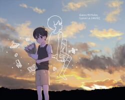 Rule 34 | 1boy, black eyes, black hair, black sweater vest, blush, bouquet, brown shorts, closed mouth, collared shirt, flower, highres, holding, holding bouquet, looking at viewer, mozukusa, omori, omori (omori), shirt, short hair, short sleeves, shorts, standing, sunny (omori), sweater vest