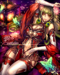 Rule 34 | 1girl, arm up, armpits, bad id, bad pixiv id, blunt bangs, breasts, bridal gauntlets, bug, butterfly, cleavage cutout, clothing cutout, earrings, eyelashes, eyeshadow, feathers, flower, garter straps, green hair, hair flower, hair ornament, heart, insect, jewelry, lantern, large breasts, long hair, makeup, navel, original, parted lips, peacock feather, petals, signature, sitting, star (symbol), thighhighs, watermark, web address, white thighhighs, yellow eyes, yutif, zettai ryouiki