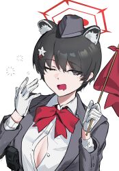 Rule 34 | 1girl, animal ear fluff, animal ears, black eyes, black hair, black hat, blue archive, bow, bowtie, breasts, buttons, collared shirt, extra ears, flag, gloves, hair ornament, halo, hat, highres, holding, holding flag, large breasts, long sleeves, looking at viewer, official alternate costume, one eye closed, open mouth, red bow, red bowtie, red halo, shirt, short hair, shortofsugar, simple background, sketch, solo, tsubaki (blue archive), tsubaki (guide) (blue archive), upper body, white background, white gloves, white shirt